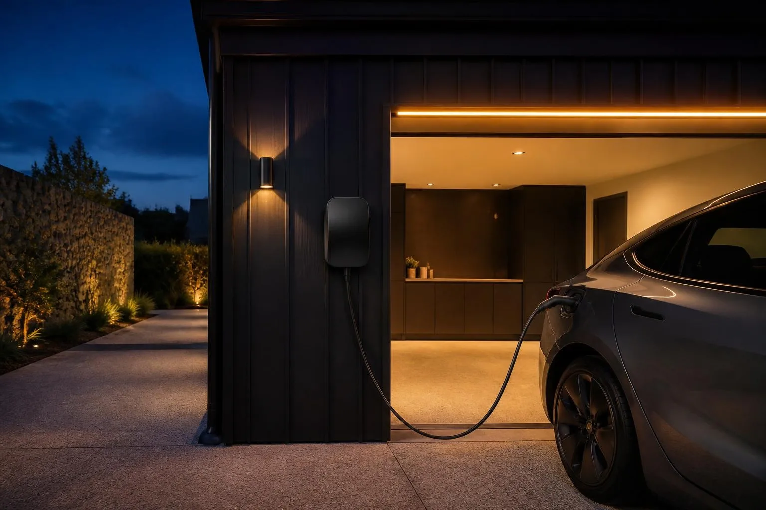 Wall-mounted EV charger beside a lit garage at dusk